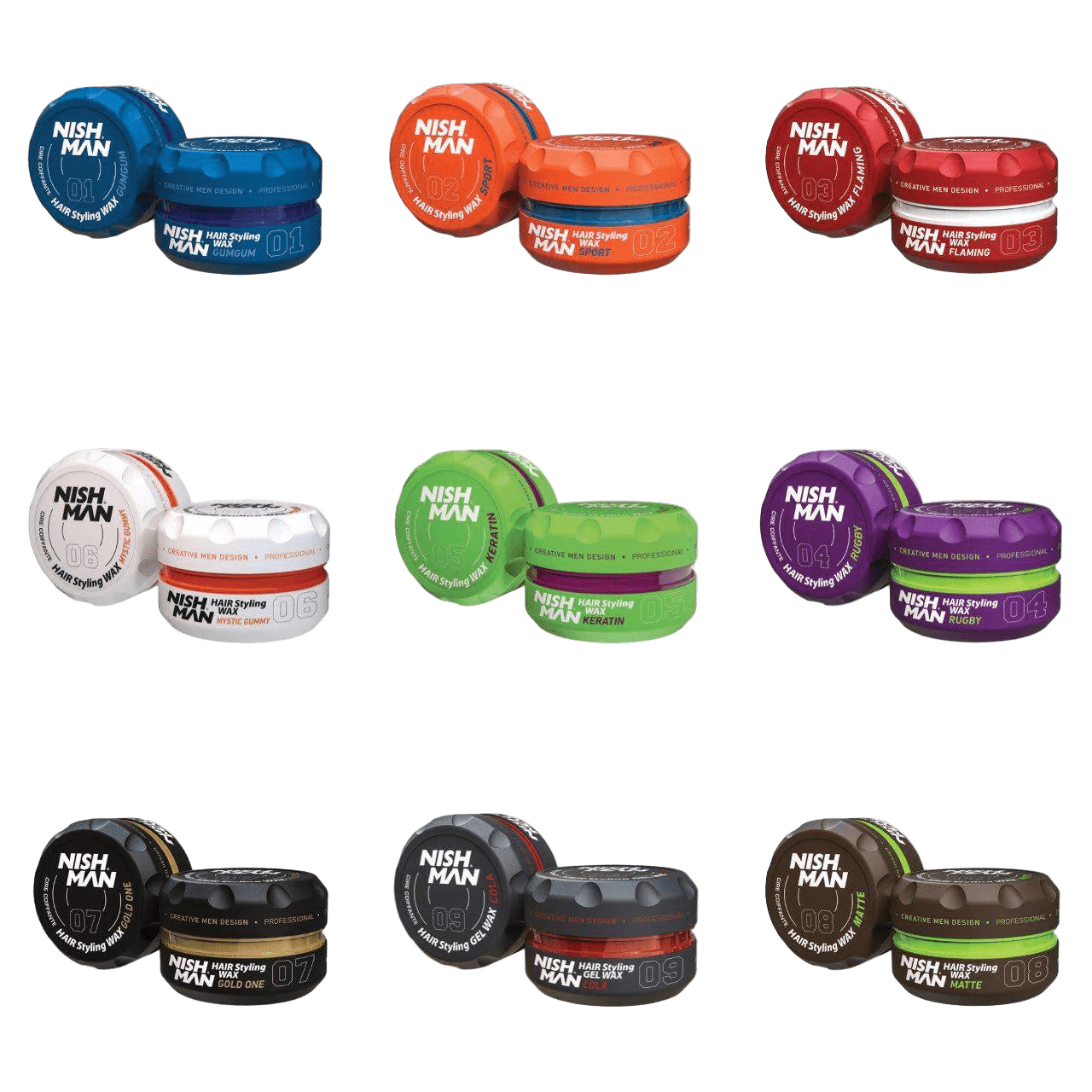 Collection of Nish Man hair styling products in various colors on a white background
