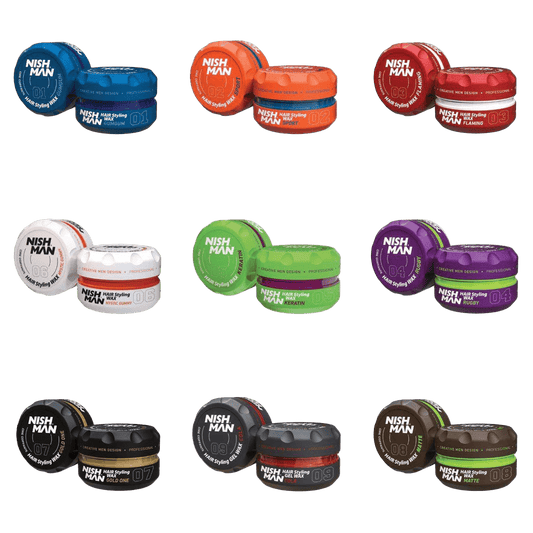 Collection of Nish Man hair styling products in various colors on a white background