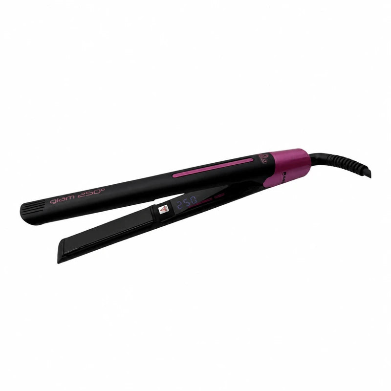ETI Glam 250 black hair straightener with pink details and digital display