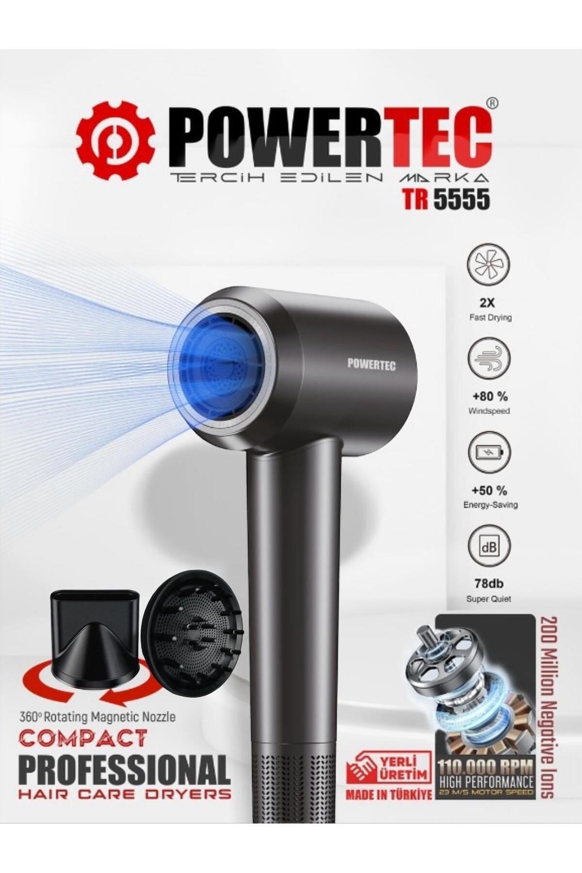 POWERTEC TR-5555-S Professional Ionic High-Speed Hair Dryer Grey