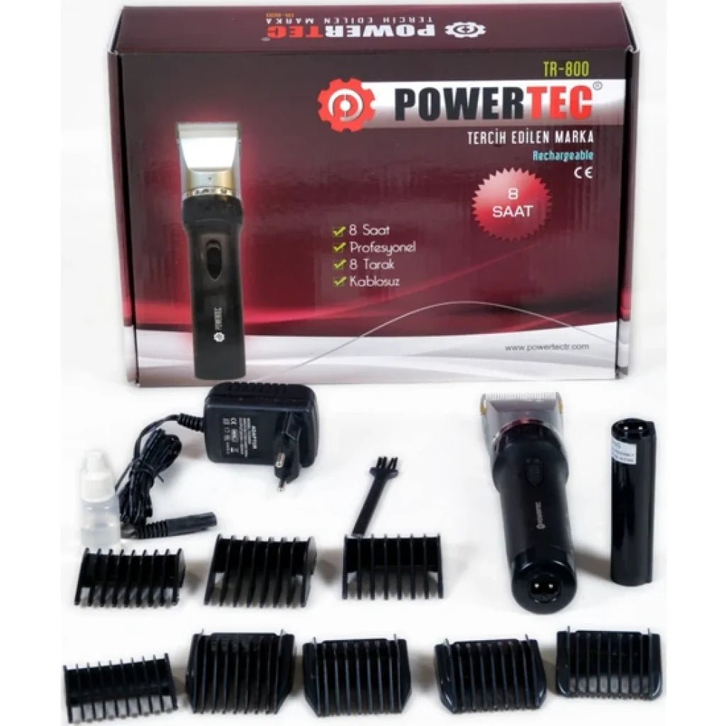 POWERTEC TR-800 Professional Ceramic Hair Clipper with 8 guide combs and accessories