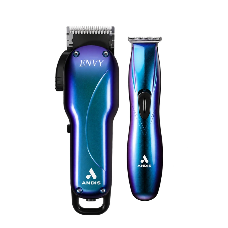 ANDIS Galaxy Combo Limited blue and purple Envy hair clipper beside Slimline Pro trimmer