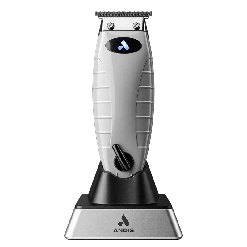 ANDIS T-Outliner matte gray trimmer with carbon-steel T-blade in black and silver charging stand