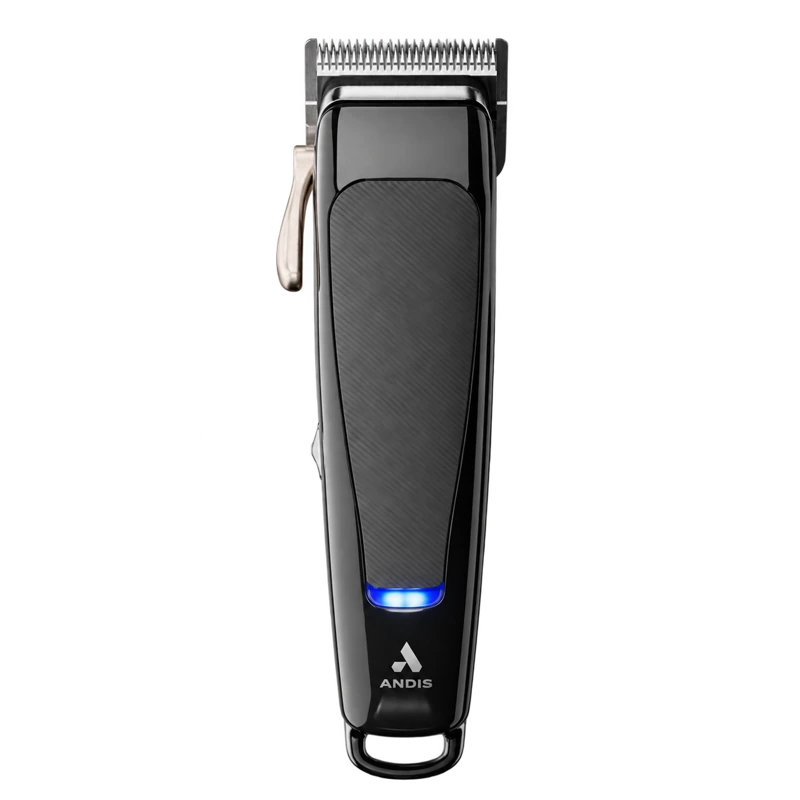 ANDIS reVITE glossy black hair clipper with silver adjustment lever, textured grip and blue LED indicator