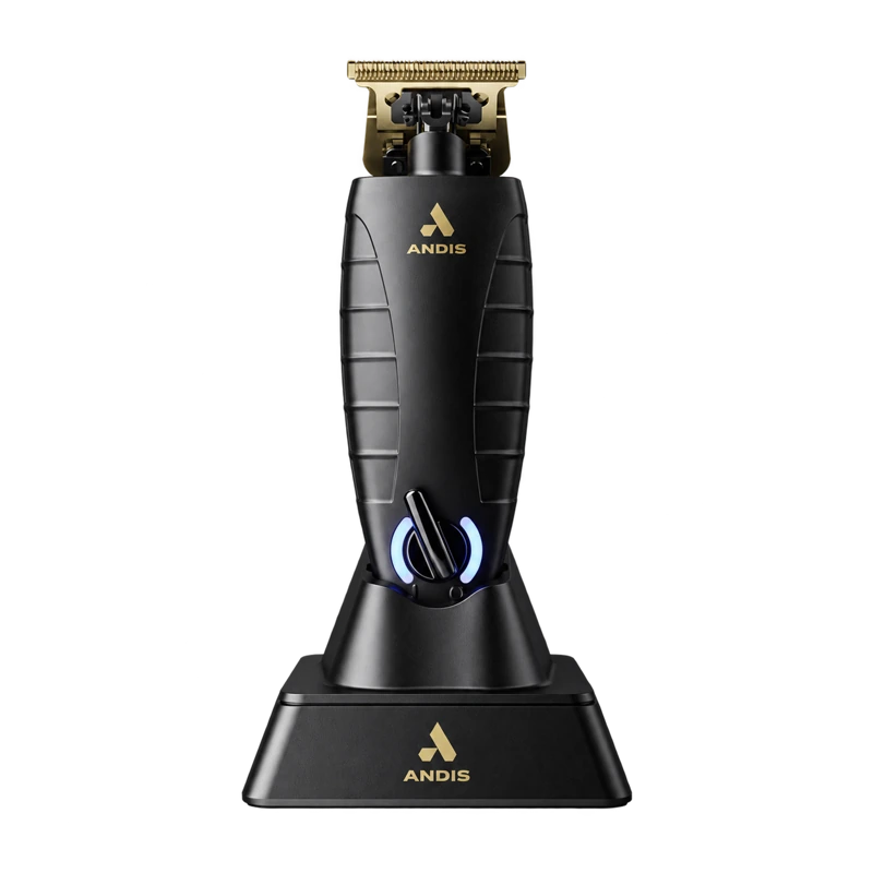 ANDIS GTX-EXO matte black trimmer with gold GTX-Z blade and black charging stand