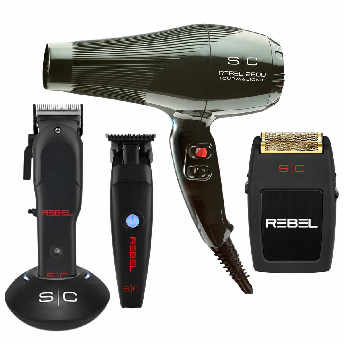 STYLECRAFT Rebel bundle showing clipper, trimmer, foil shaver and hair dryer