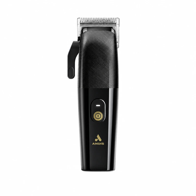 ANDIS Envy II black hair clipper with textured front, silver blade and gold power button
