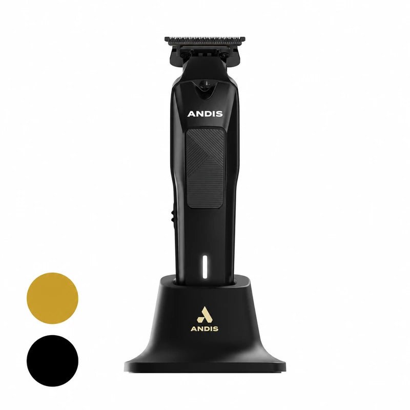 ANDIS Phenom black hair and beard trimmer in charging stand with black and gold panel swatches