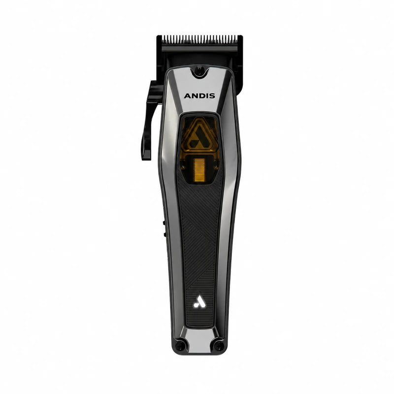ANDIS Recon metal hair clipper with silver front frame, black grip and gold motor window